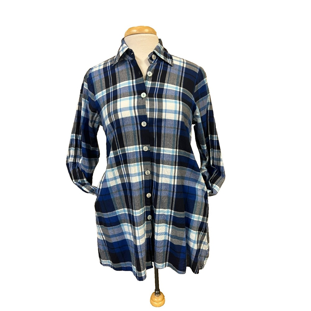 Tulip Tunic Button Up Shirt Blue Plaid Cotton A-Line Back Gathers Pockets SZ XS